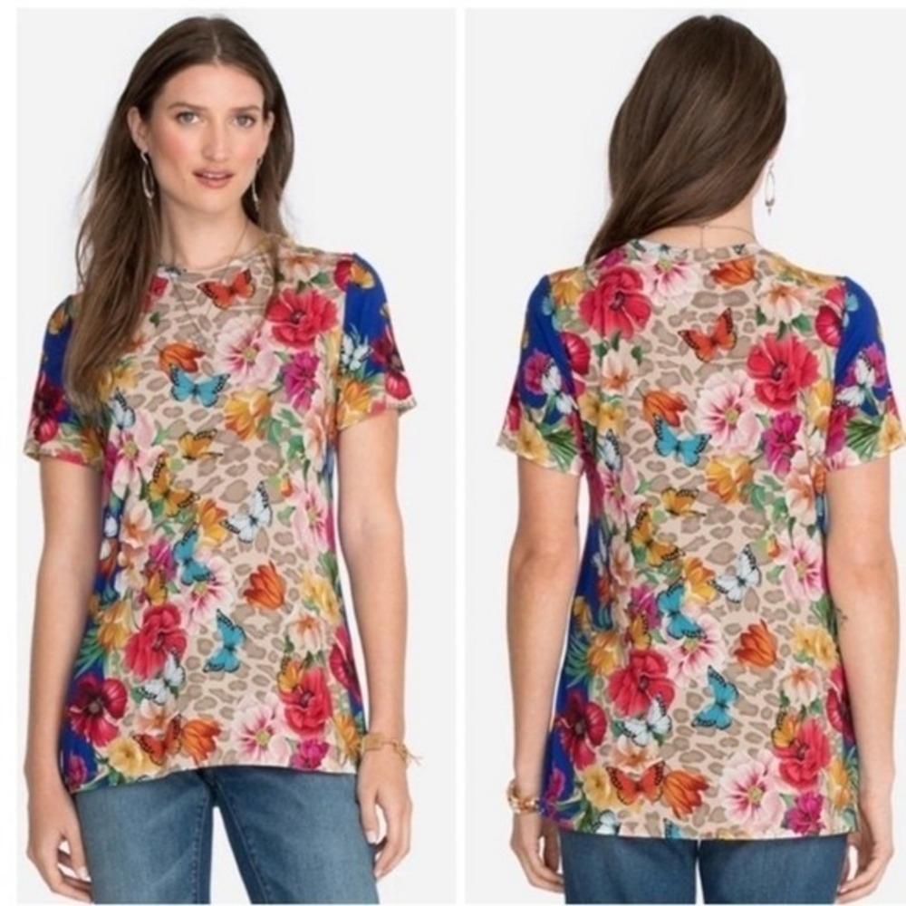 Johnny Was Mayflower Favorite Bamboo Floral Butterfly Leopard Tee Shirt Medium M